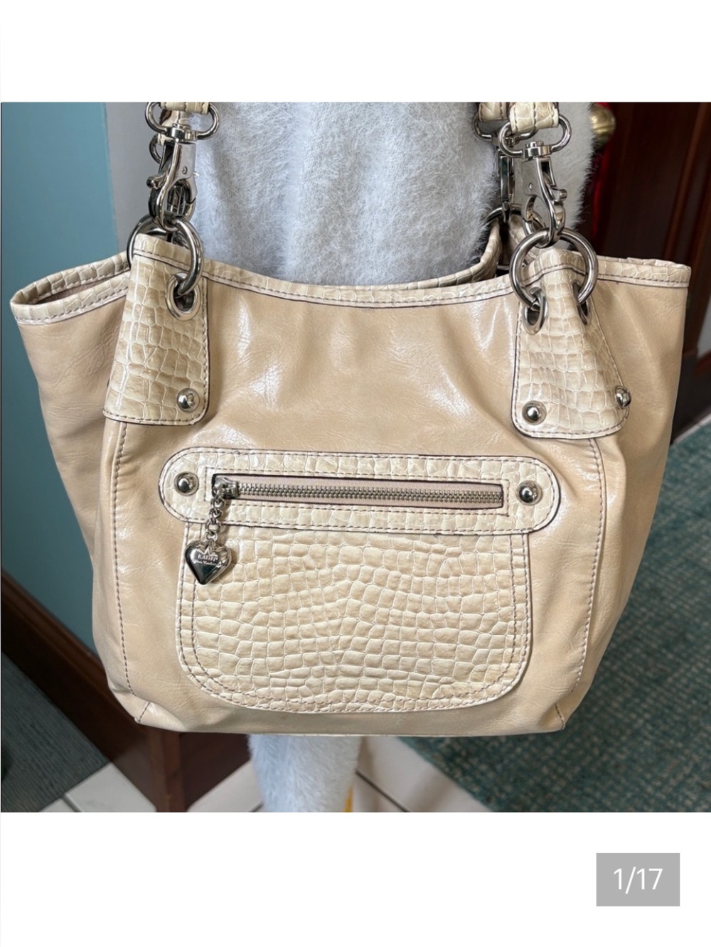 Cathy Van Zeeland shoulder bag tan/patent leather Cream Croc-Trim   Tote Bag EUC